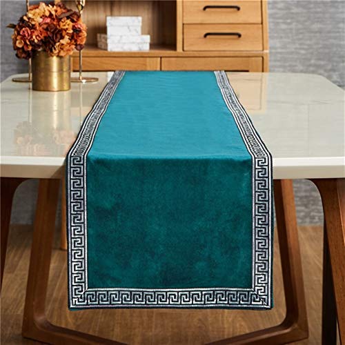 Caminos de mesa hechos a mano, rectangulares, modernos, de moda, con bordado geométrico, para cama, de tela rectangular, suave, para comedor, para fiesta de bodas (verde azulado, 33 x 274 cm)