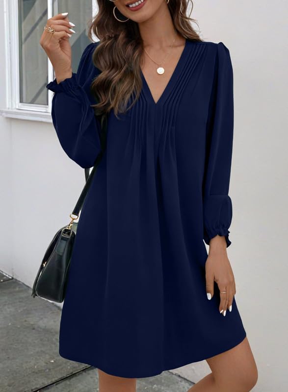 Image of Dokotoo Womens Casual Dress A-Line Ruffle Sleeve V Neck Midi Dress 2025 Fashion Pleated Flowy Sundress Loose Shirt Dresses