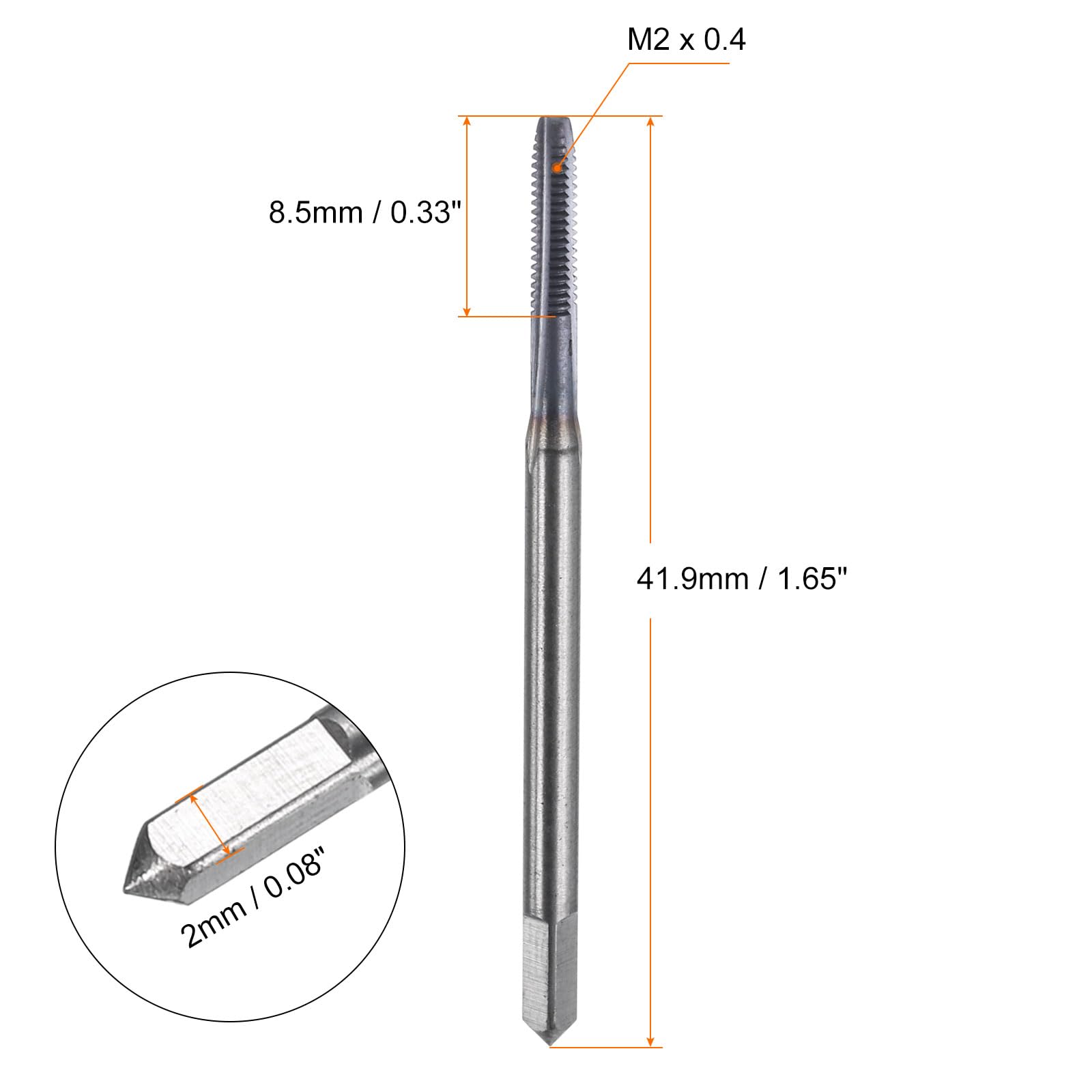 HARFINGTON M2 x 0.4 Metric Thread Tap 6542 Cobalt High-Speed Steel TiCN Coated Plug Tap Right Hand 3 Straight Flutes Screw Threading Hand Tap