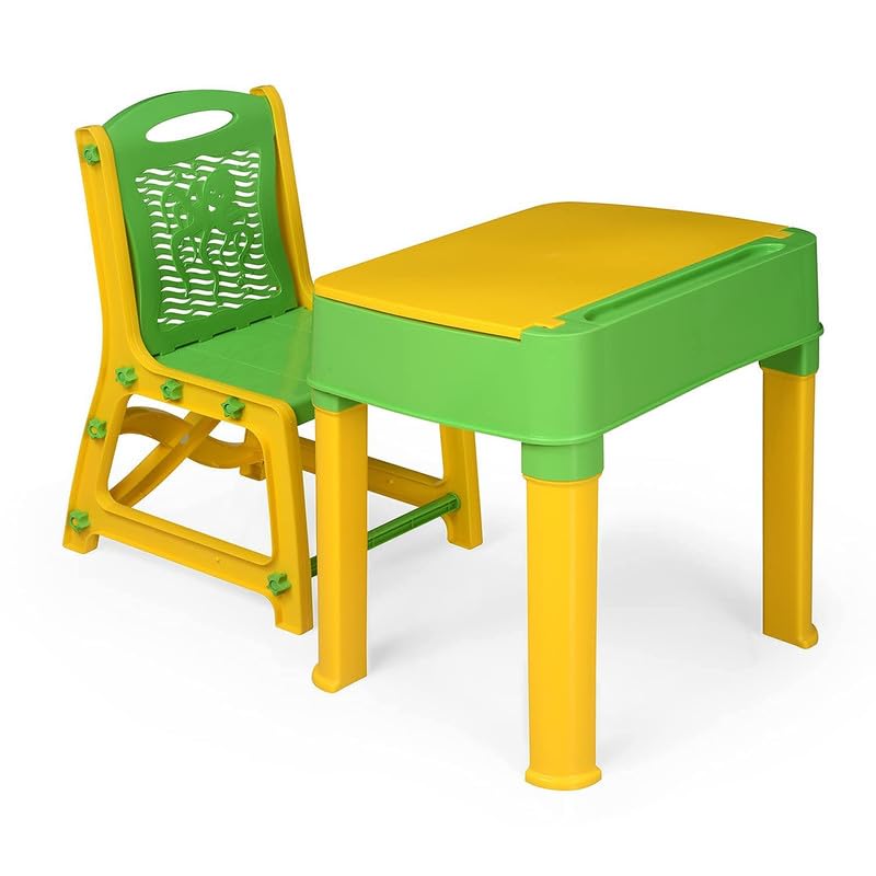 Kids Study Table Functional Desk Chair Set, Children Study Table Chair Set with Storage Box Space for Pencils Stationery Study Table for Reading/Writing/Learning Boys Girls (3-15yrs) (Green &Yellow)