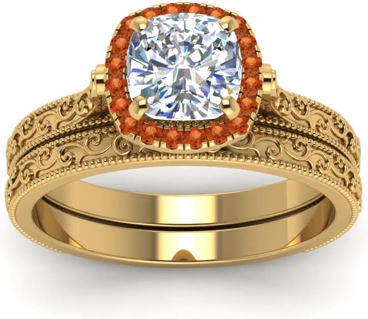 Choose Your Gemstone Hand Engraved Halo Cushion Wedding Ring Yellow Gold Plated Cushion Shape Wedding Ring Sets Matching Jewelry Wedding Jewelry Easy to Wear Gifts US Size 4 to 12