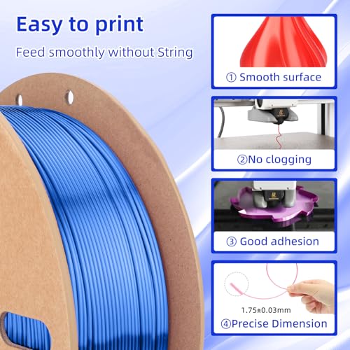 Image of 3DHoJor Silk PLA Filament 1.75mm, PLA Filament 1.75mm Silk Shiny 3D Printer Filament, 1kg*2 Cardboard Spool, Dimensional Accuracy + /- 0.03 mm, Fit Most FDM Printer(Silk Red+Blue)