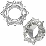 Silver Stainless Steel Tribal Lotus Flower Double Flared Flesh Tunnel Ear Gauge Plug Stretching Kit