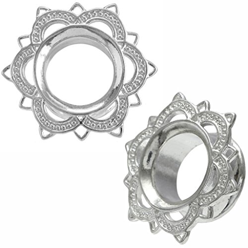 Silver Tribal Lotus Flower Double Flare Saddle Flesh Tunnel Ear Gauge Plug Stretcher Stretching Kit 8mm-20mm