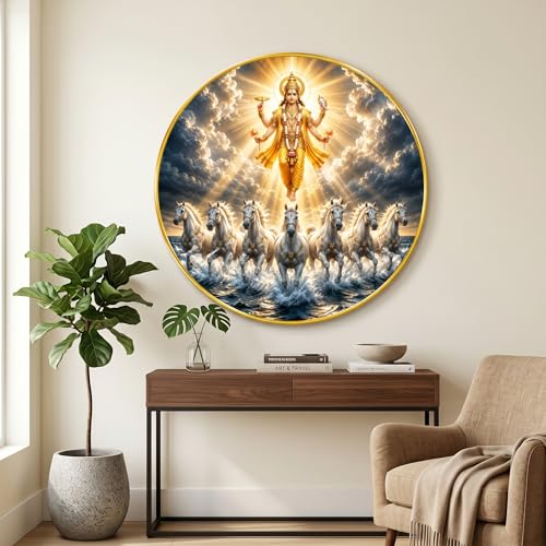 Image of SAF Lord Vishnu 7 Horse Round Wall Painting with Premium PVC Golden Frame, Divine Surya Vastu Art, Hindu Religious Home Decor for Living Room Prayer Room (20 x 20 Inch) GRL-447