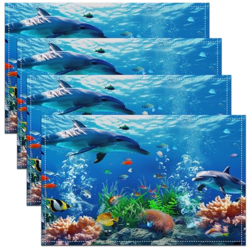 Erosebridal Set of 4 3D Dolphin Table Mats,Colorful Ocean Fish Placemats,Coralline Blue Sea World Place Mats,Kawaii Coastal Creature Waterproof Placemats for Kitchen Table,Anti Slip 12x18 Inch