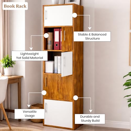 Image of Callas Wooden Book Rack | Multi-Compartment Storage Cabinet | Space-Saving Vertical Bookshelf with Doors | Durable & Sturdy Organizer for Home & Office (Walnut, 5 Tier)