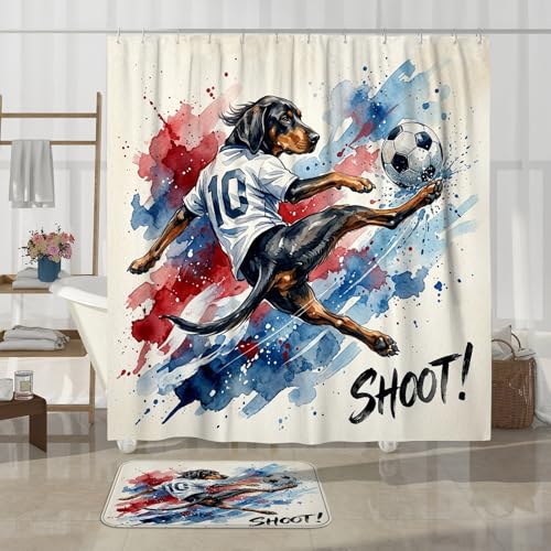 Rideau de douche football et tapis coonhound pour salle de bain 183cm