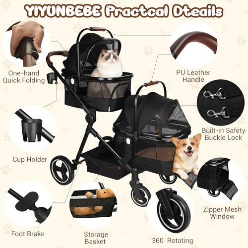 Image of Foldable Double Pet Stroller for 2 Small Medium Cats Dogs | Convertible single /double | Detachable carriers | All-terrain wheels & shock | Safety brakes & tether | Breathable oxford