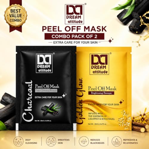 Image of Peel Off Mask Combo Pack of 2 | Charcoal Deep Cleansing Therapy & Golden Glow Brightening Therapy Face Mask Sachets for Fresh, Clean & Radiant Looking Skin | 40ml | Dream Attitude