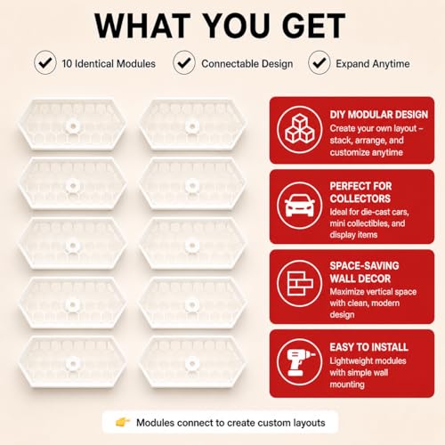Image of Modular 1:64 Scale Die cast Cars Display | Premium Wall Display | Mini Car Showcase for Collectors | Compatible with HOT Wheels, Matchbox, Mini GT (Without Toys) | White (Pack of 10)
