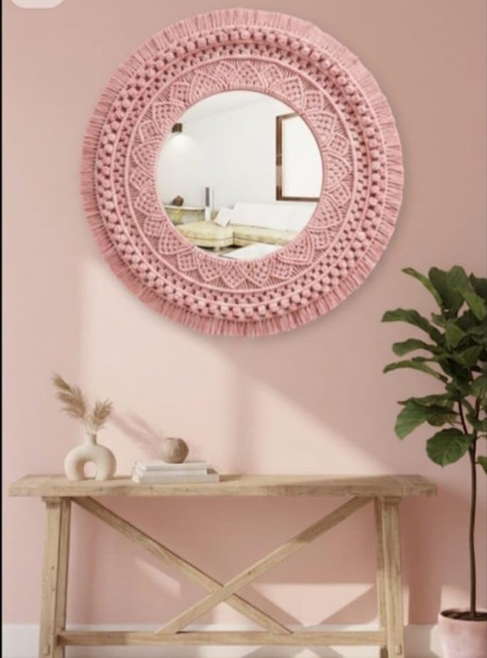 Image of Handmade Cotton Macrame Wall Hanging Glass Mirror with Boho Fringes, Bohemian Art Decorative Aina for Make-Up, Living Room, Bedroom (Light Pink)
