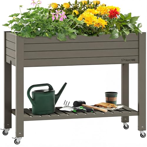 YITAHOME 43.3x17.7x34 in Elevated Garden Bed, Outdoor Plastic Planter Box with Wheels, Legs, Drain Plug, and Storage Shelf for Plants, Vegetables, Flowers, Herbs, Light Brown Light Brown 3.6