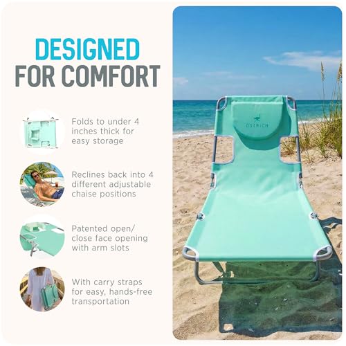 Image of Ostrich the Original Chaise 72 x 22 Inch Lounge Portable Reclining Lounger, Outdoor Patio, Beach, Lawn, Camping, or Pool Tanning Chair, Teal