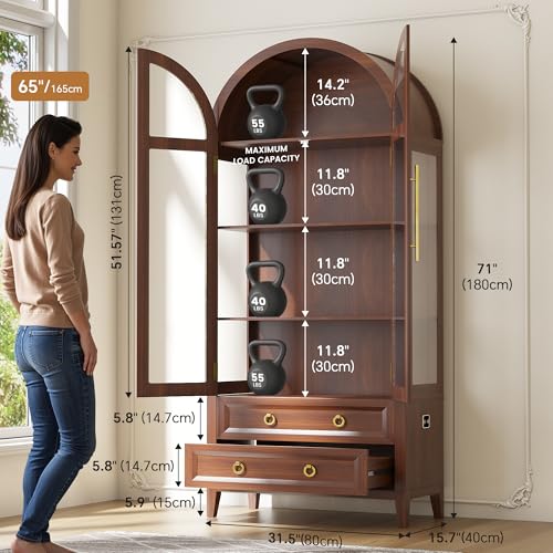 Image of LVSOMT 71 inch Arched Display Cabinet with Glass Doors and Lights, Walnut