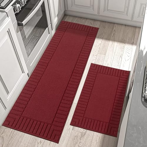 BEQHAUSE Lot de 2 tapis de cuisine lavables antidérapants avec dos antidérapant en TPR (60 x 89 cm + 60 x 152 cm, rouge)