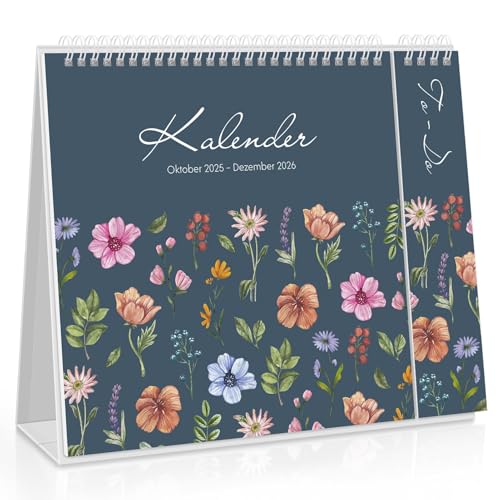 SKYDUE Tischkalender 2026, Kalender Von Nov. 25 Bis Dez. 26, Stehkalender 2026 Zum Aufstellen, Monatskalender Mit Monatsansicht Abreißbarer Liste,27x23x7.8cm, Kalender Schuljahr (Blümchen Blau)