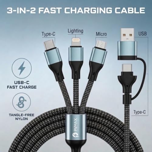 Image of PVMAX 130W Fast Car Charger with 3 in 2 Charging Cable, USB 100W & PD 30W Dual Port, USB & Type C Input, Micro, Lightning, Type C Output, Car Mobile Charger for iPhone, Android, MacBook, 1Y Support