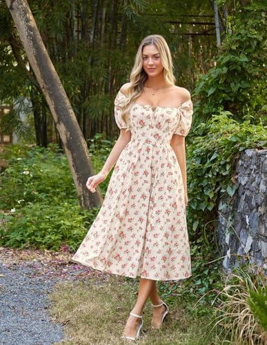 Image of Scarlet Darkness Women's Floral Corset Dress with Split 2026 Summer Spring Square Neck Midi Milkmaid Dresses
