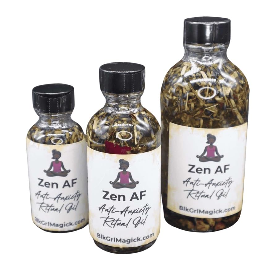 BlkGrlMagick Zen Master Ritual Oil, Sage Lavender Scent, Handcrafted Raw Crystals, Homegrown Herbs, Organic Sweet Almond Oil, Hoodoo Glass Dropper Bottle, for Peace Prayer Meditation (1oz, Dropper)