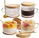 Vintage tasses à café en verre 4-14oz Avoine de nuit avec lis et cuillères, coupes en verre de hobnail avec des lis de bambou, accessoires de bar à café parfaits pour le café, thé