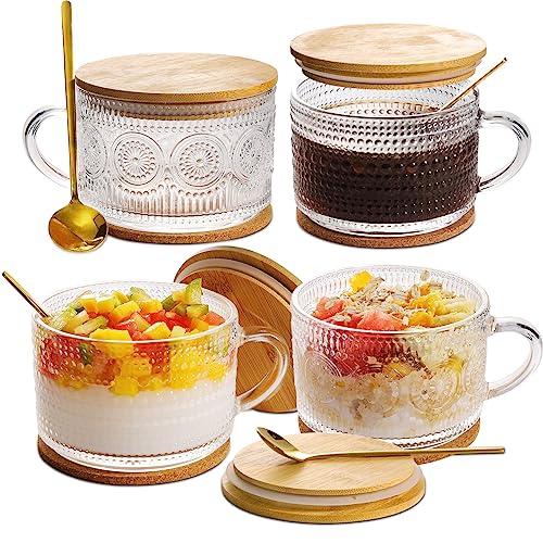 Vintage Coffee Mugs Glassware Set of 4-14oz Leak Proof Overnight Oats Containers with Lids and Spoons, Hobnail Glass Cups with Bamboo Lids, Ideal Coffee Bar Accessories Perfect for Drinks, Tea