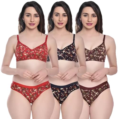 Image of Women's Cotton Full Coverage Lightly Padded Wire Free Sexy Bra Panty Lingerie Set Honeymoon Bikni Set for Girl's Combo Pack of 3