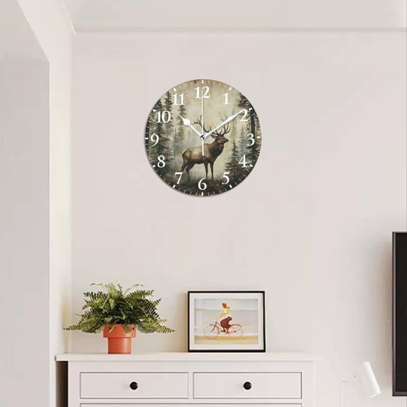 Battery Operated Round Wall Clock Non-Ticking Silent Analog Clcok Decorative for Living Room,Office,Kitchen-an Elk Amidst A Vintage - Styled Woodland(16inch)
