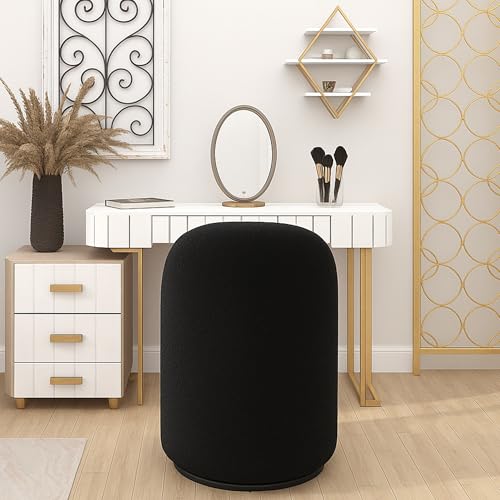 Image of HNY Upholstered Kitchen & Dining Room Barrel Chair, Mid Century Modern Round Sherpa Boucle Dining Chair, 360 Degree Swivel Comfy Armless Accent Makeup Vanity Side Chair for Bedroom Living Room, Black