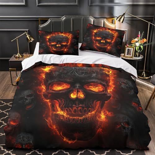 QTIVARLEN Tres Piezas Microfibra Fireskull Funda Edredon Impresión 3D Cremallera Funda Almohada Antialérgica darkhorror Juego Fundas Edredón for niña Single（140x200cm）