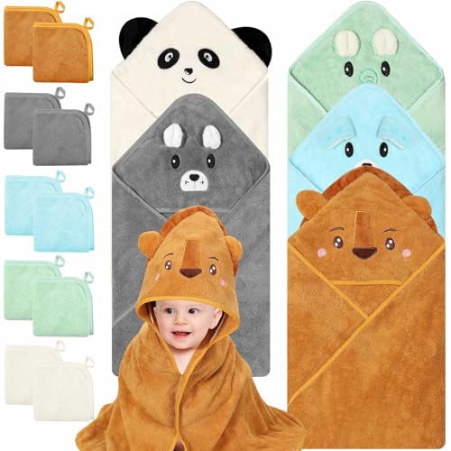 Image of 15 Pcs Baby Bath Towels- 5 x Hooded Baby Towels and 10 x Baby Washcloths Set, 32 x 32 Inch Hooded Toddler Towel Bath Blanket Absorbent Hooded for Toddler Infant Newborn Shower Gift for Boys & Girls