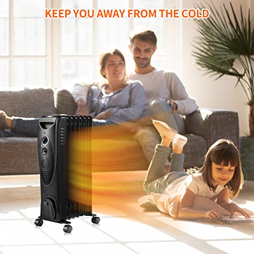 Kismile 1500W Oil Filled Radiator Heater, Portable Electric Heater With 3 Heat Settings, Adjustable Thermostat, Overheat & Tip-Over Protection, Oil Heaters For Indoor Use (Black) #TOP6