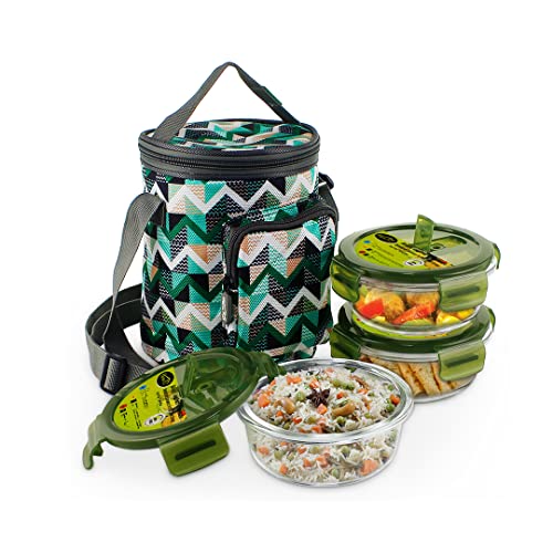 Home Puff Borosilicate Glass Lunch Box -Microwavable, AirVent Lid, Premium Carry Bag (Round 400 ML, Set of 3, Green)