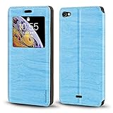 Shantime Sichtfenster-Lederhülle Kompatibel mit Wiko Highway Pure 4G, Elegantes Design mit Klarsichtanzeige, Unsichtbarem Magnetverschluss & Kartenfach(Hellblau)