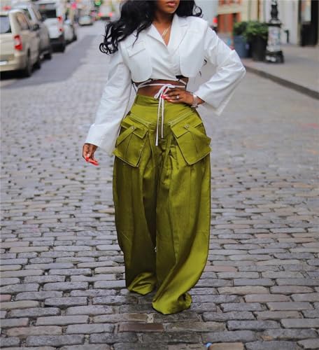 Women's Cargo Pants High Waisted Satin Flowy Pants Wide Leg Casual Pants4