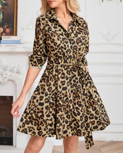 Image of Women's Printed Button Down Shirt Dress Long Sleeve Belted Mini Dress