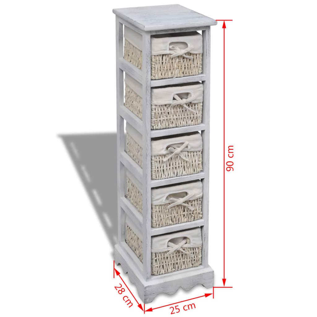 Korbregal Weiß 25x28x90 cm Paulownia Holz Kleiner Aufbewahrungsschrank mit 5 Körben Landhaus Look Stabiler Garderobenschrank für Badezimmer Flur und Schlafzimmer