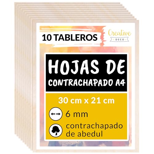 Creative Deco 10 x A4 Tablero Madera Manualidades Contrachapado | 300 x 210 x 6 mm (+/- 2mm) | Chapa Maciza Abedul Maderas para Bricolaje | Pirograbado, Corte por Laser, CNC Router, Modelado