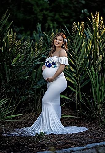 Saslax Off Shoulder Ruffle Sleeves Elegant Fitted Maxi Maternity Dress For Photoshoot Baby Shower White 02 Small #TOP6
