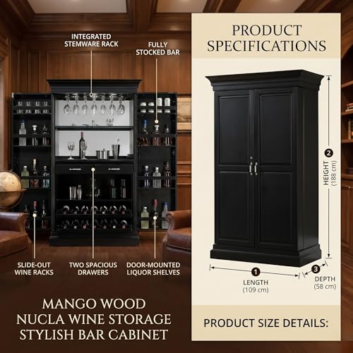 Image of APRODZ Solid Mango Wood Bar Cabinet for Home and Bar | Nucla Style Wooden Wine Storage Rack with Drawer, Glass Holder & Bottle Organizer Drink Wine Rack Organizer for Living Room,Black