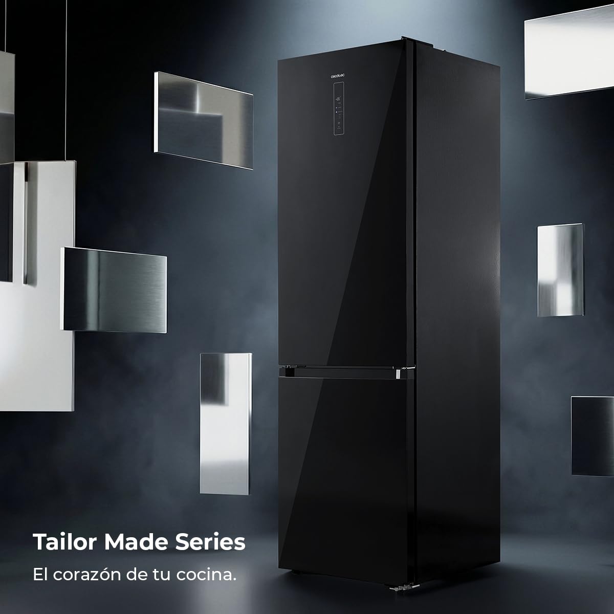 Cecotec Frigorífico Combi No Frost de 405L Bolero CoolMarket Combi 405 MC Elite Black Glass D. 200 cm de Alto, 59,5 cm de Ancho, Clase D, MetalFlex Cooling, Fresh Flex, Interior en Elite Grey, Negro