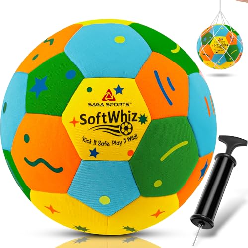SAGA SPORTS SoftWhiz Colorful Safe Indoor Football Size 4 for Kids | Felt-Cover Soft Football for Inside Your Home and Yard – Fun Gift with Pump, Needle & Mesh Bag