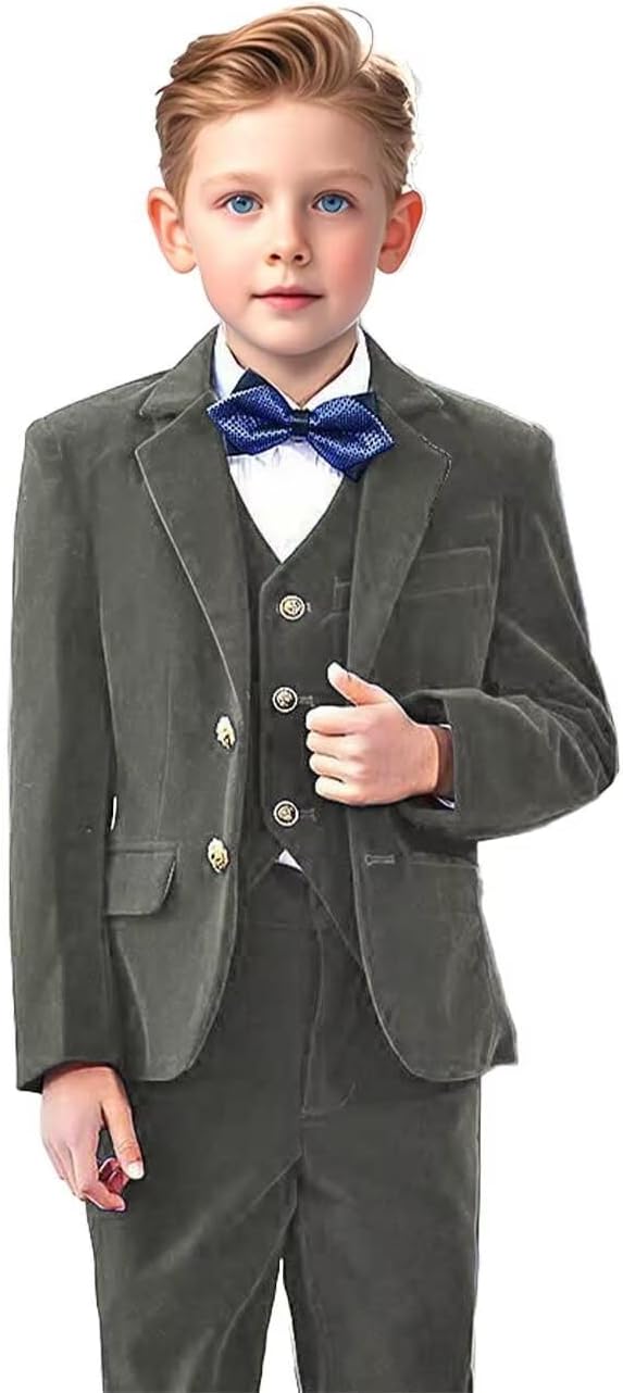 Boy's 3 Piece Velvet Suit Two Button Tuxedo Slim Fit Dress Suit Blazer Wedding Party Jacket Vest Pants