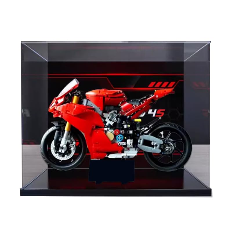 Custodia in Acrilico Trasparente per Display per Lego Technic 42202, Ducati Panigale V4 S Motocicletta, Fondo e Sfondo Neri