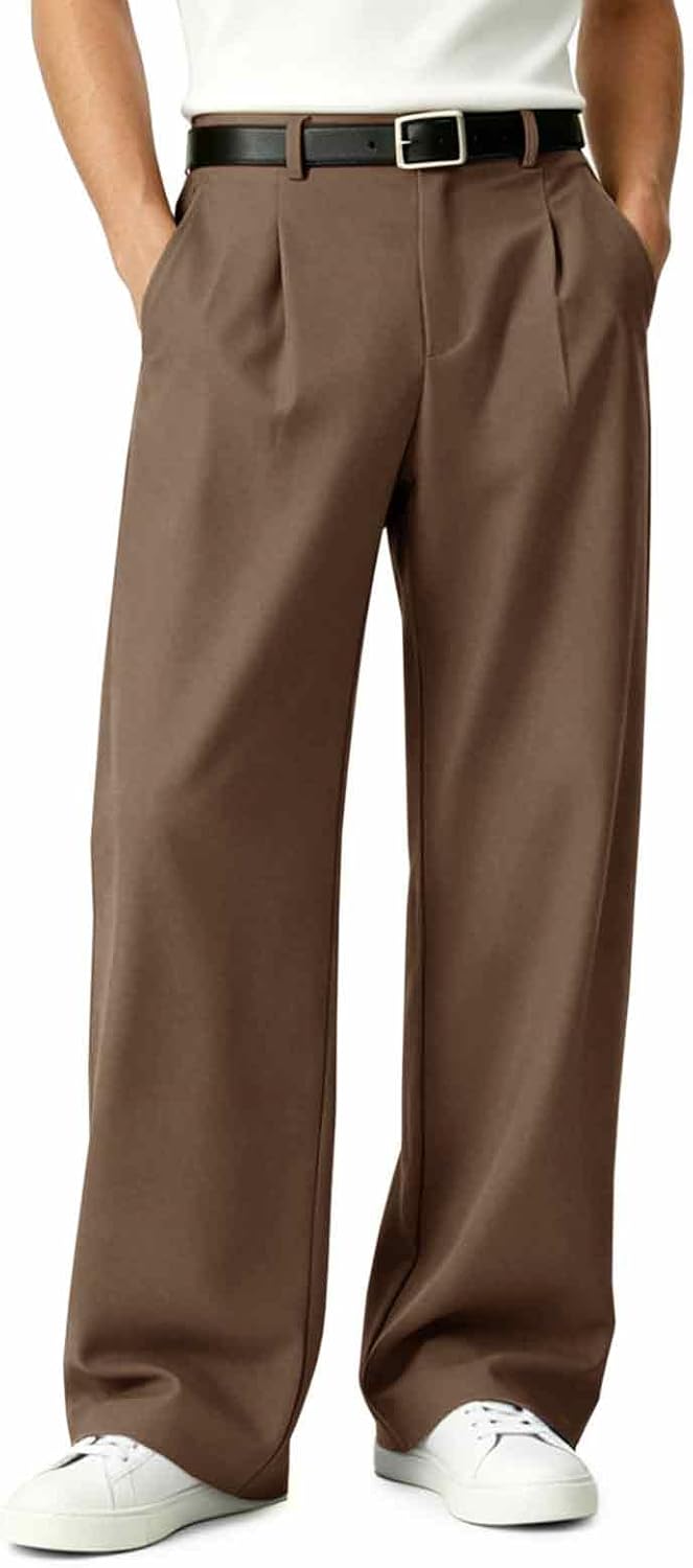 Runcati Mens Baggy Dress Pants Old Money Pleated 30"/32" Casual Wide Leg Slacks Relaxed Fit Lightweight Work Business Trouser