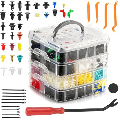 Image of 1240PCS Auto Retainer Clips Kit with Trim Removal Tools and 3-Layer Organizer Box, 32 Sizes Push Rivets Fasteners for Car Bumper, Fender, Door Panel and Interior Repair