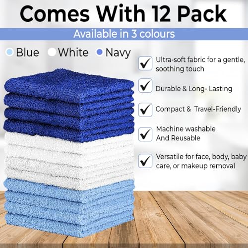 Image of QUBA LINEN 100% Cotton Washcloth Set - Soft, Absorbent Face Towels for Bathroom & Gym Use - Durable & Reusable Wash Cloths - (Blue, White and Navy (12x12), (Pack of 12)
