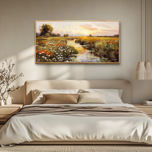 PHAOHUAXM Large Wall Art For Living Room Canvas Wall Decor For Bedroom Watercolour Painting Office Decoration Countryside Sunrise Scenery Wall Picture Ready To Hang Home Decor Wood Framed 20x40 In by PHAOHUAXM - Used condition - Image 2