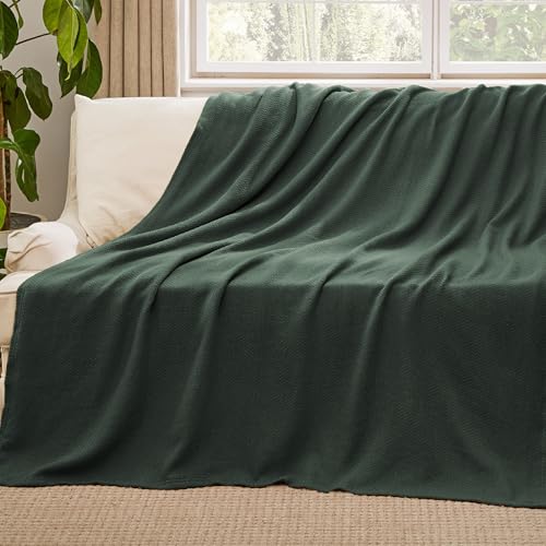 Image of Bedsure 100% Cotton Blanket, Herringbone Weave, Throw XL, Dark Green
