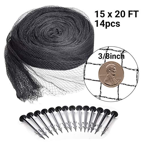 Pond Netting Kit 15 x 20 Feet, Equipped with Ultra-Fine Mesh, Protecting Koi Fish from Birds and Cats, Skimmer Net Screen for Falling Leaves and Debris, 14 Fixing Stakes